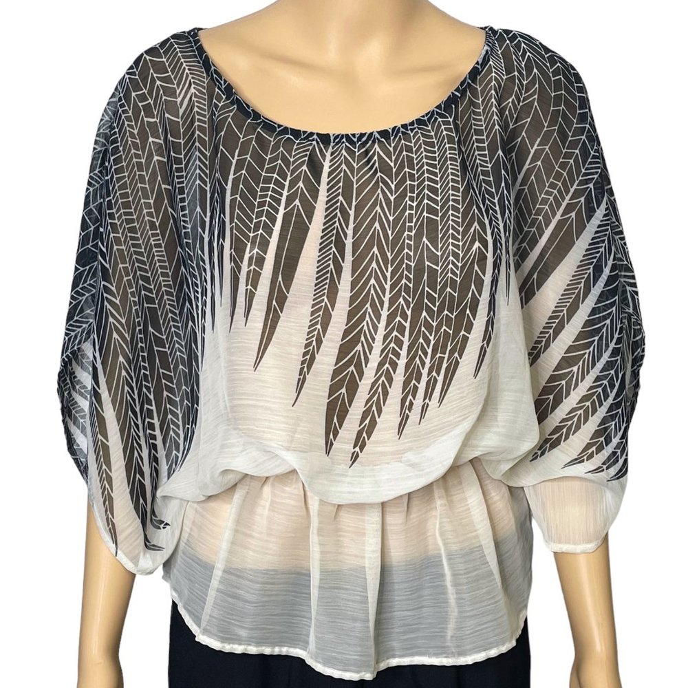 Vintage Pronto Womens M Sheer Blackβ Feathers Elastic Peplum Waist Blouse Shirt